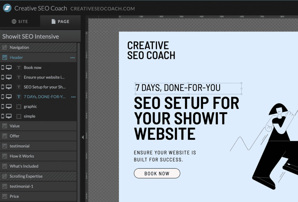 Creative SEO Coach Showit app showing how to order text correctly for search engines