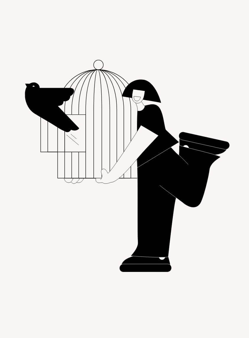 Illustration women holding bird cage letting bird free