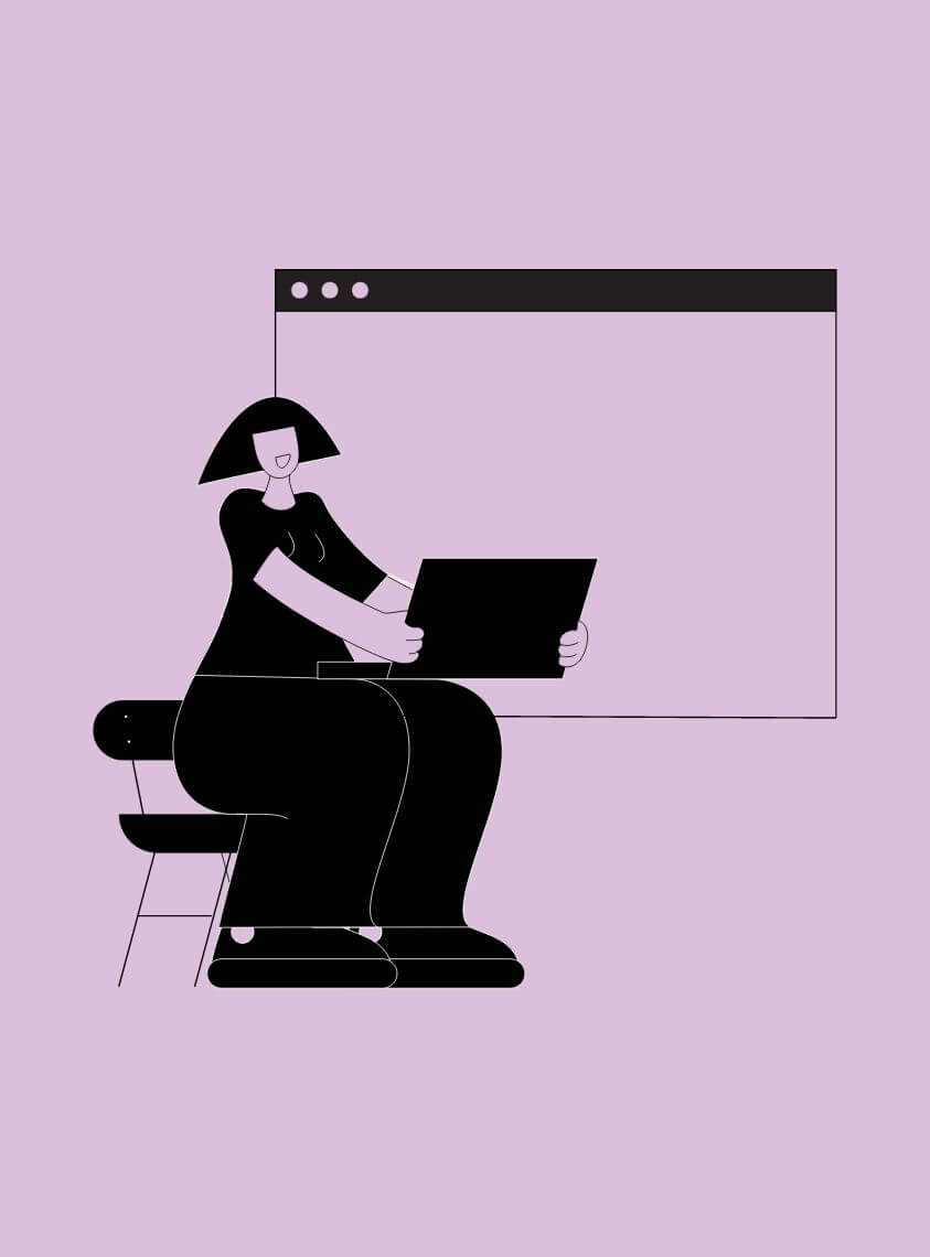 Illustration woman sitting at laptop asking clients for backlinks