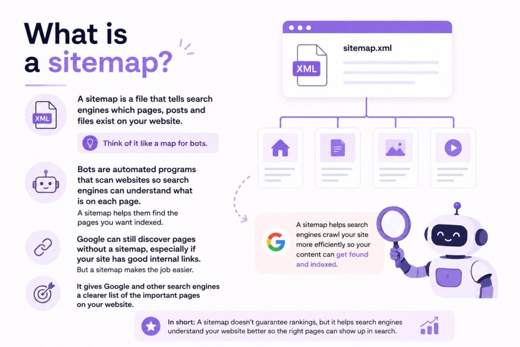 Infographic explaining what a sitemap is and how it helps search engines index websites.