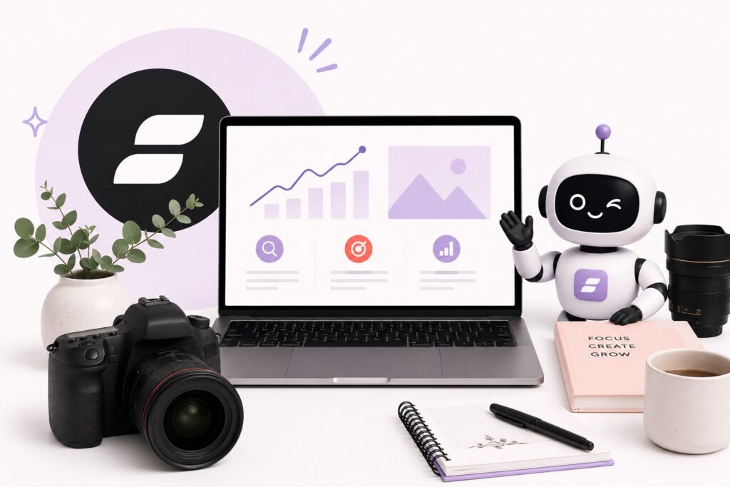 Laptop displaying SEO dashboard beside friendly robot and camera gear.