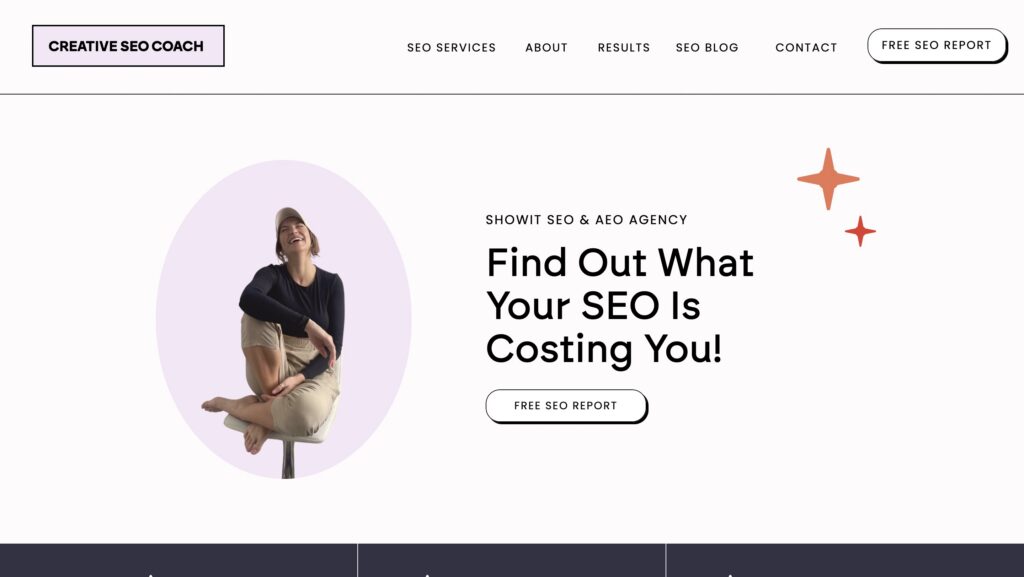 Creative SEO Coach homepage promoting Showit SEO services with free SEO report call to action.