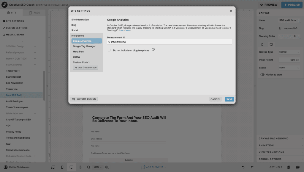 Google Analytics Showit