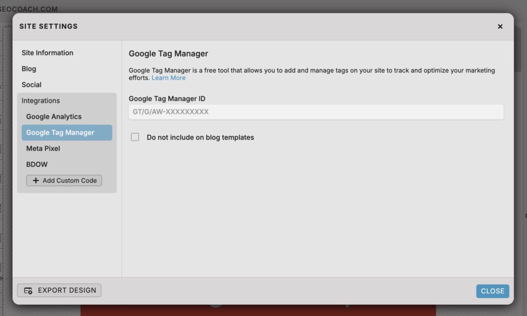 Google Tag Manager Showit