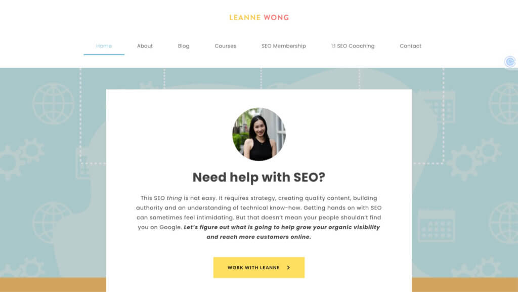 Leanne Wong website home page that says 'need help with seo'