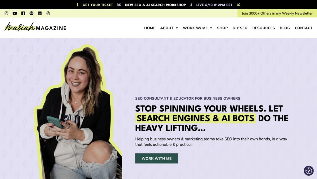 Mariah Magazine homepage promoting SEO education and AI search strategies for business owners.