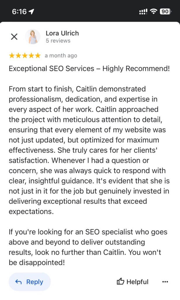 Google Business Profile preview from Lora Praising Caitlin from Creative SEO Coach.