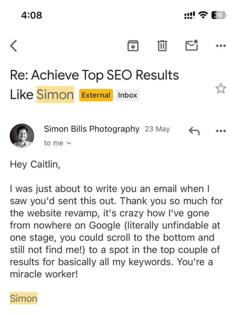 Email review from Simon saying thank you for the great results