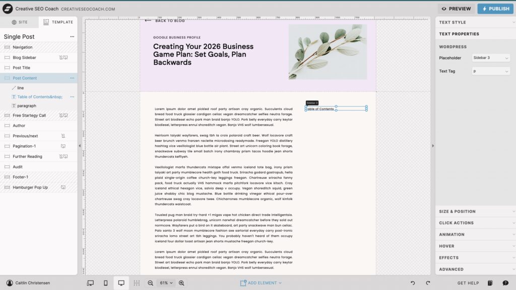 Showit Table Content