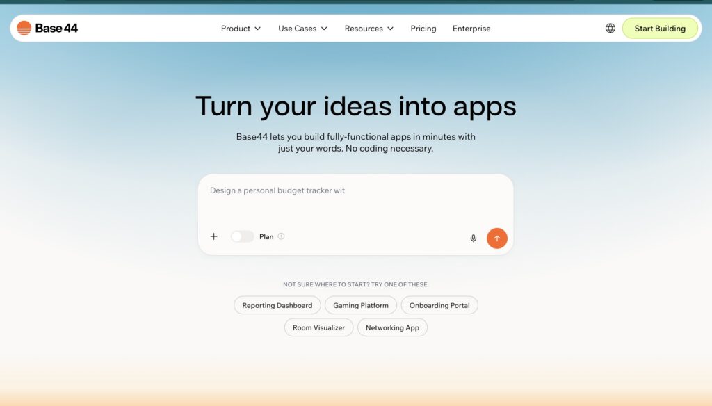 Base44 homepage featuring AI powered app building platform with prompt based development interface.