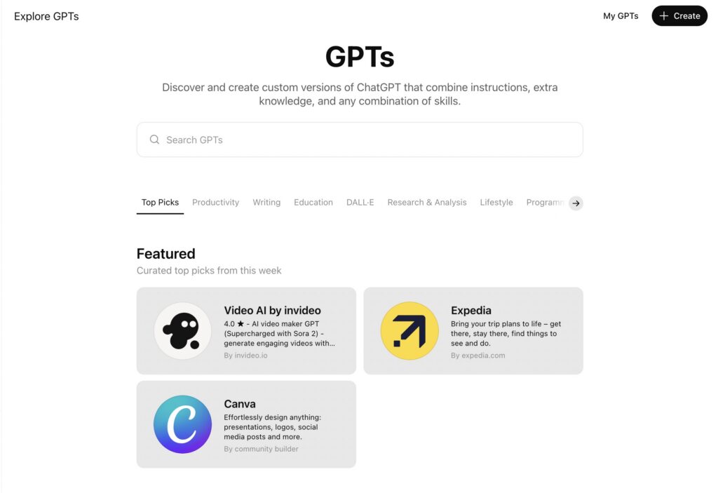 ChatGPT GPT page Showing casing other GPT and the option to make your own.