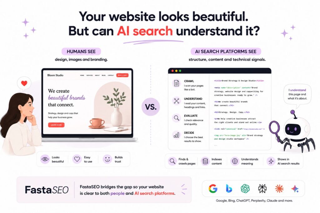 Illustrated comparison showing that humans and AI search platforms view websites differently. On the left, a person admires a visually appealing website labelled “Humans See” with design, images and branding. On the right, a friendly robot reviews the website’s structure, content and technical signals under “AI Search Platforms See.”