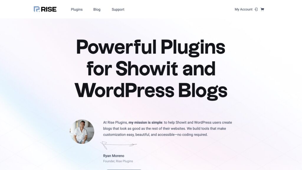 Rise Plugins homepage promoting WordPress plugins for Showit websites and blogs.