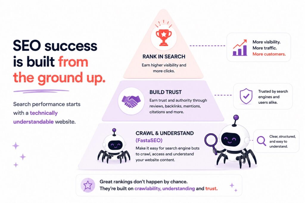 SEO pyramid showing crawl and understand, build trust, and rank in search as the foundation for better visibility.